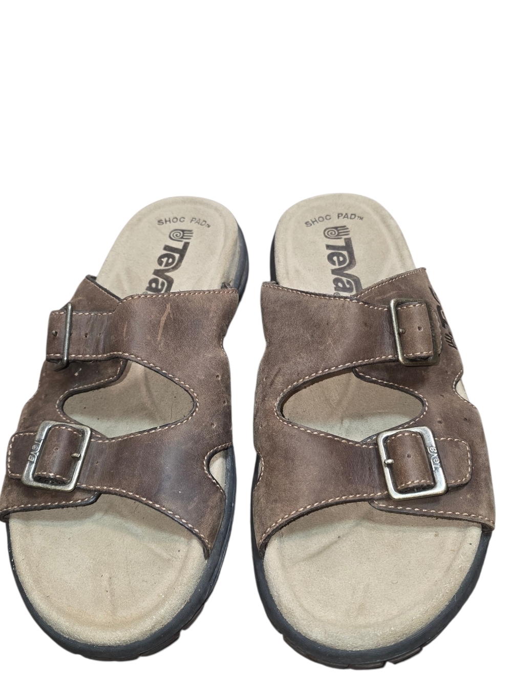Teva Leather Slide Sandals Mens 10 Brown Shoc Pad Comfort Buckle Casual Shoes